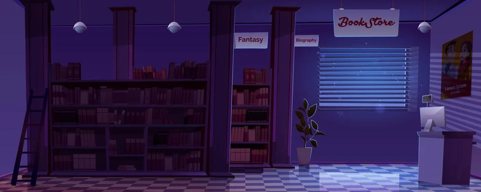 Night bookstore interior, empty book shop room Stock Illustration