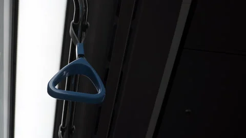 Night bus ride, close up view of blue handrail for hand holding. Comfortable Stock Footage 218997338