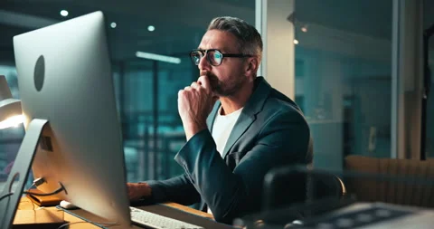 Night, businessman and thinking at computer for programming, wed development or Stock Footage 301367895