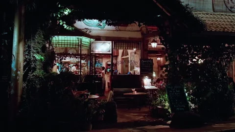 Night cafe front on quiet street, Ubud, Bali Vidéo 336514565