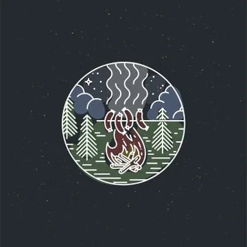 Night camp with fire and barbecue. Nature exploration vector vintage poster Stock Illustration