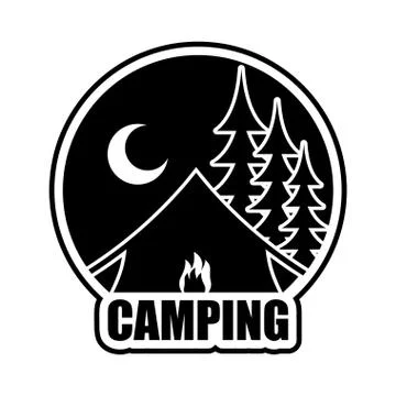 Night Camping logo. Emblem for accommodation camp. Landscape with tent and fo Stock Illustration