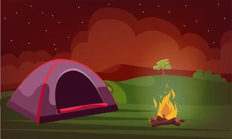Night camping tent with bonfire vector Stock Illustration