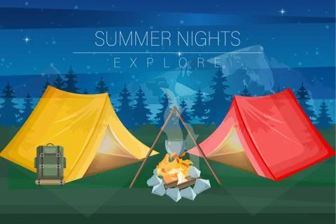 Night camping Vector flat style. Park nature outdoors backgrounds Ilustración de archivo