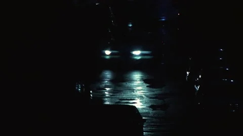 Night car drives down a wet street with cars parked on both sides Stock Footage 223823613
