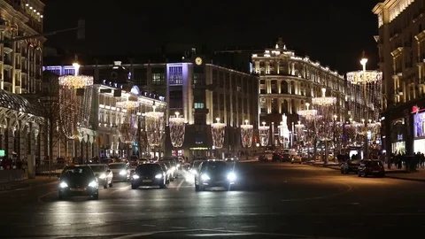 Night car traffic view on central Tverskaya street in Moscow, Russia Stock Footage 83372389