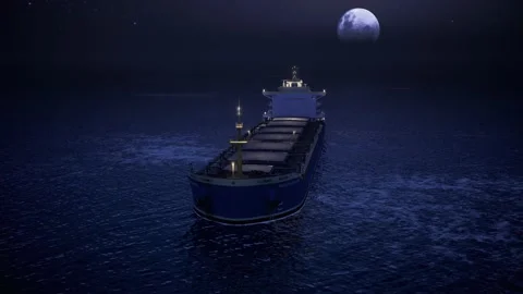 Night Cargo Ship Is Floating. Dry Cargo Ship Offshore In Open Sea.  Aerial View Stock Footage 231471586