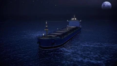 Night Cargo Ship Is Floating. Dry Cargo Ship Offshore In Open Sea With Full Moon Stock Photos