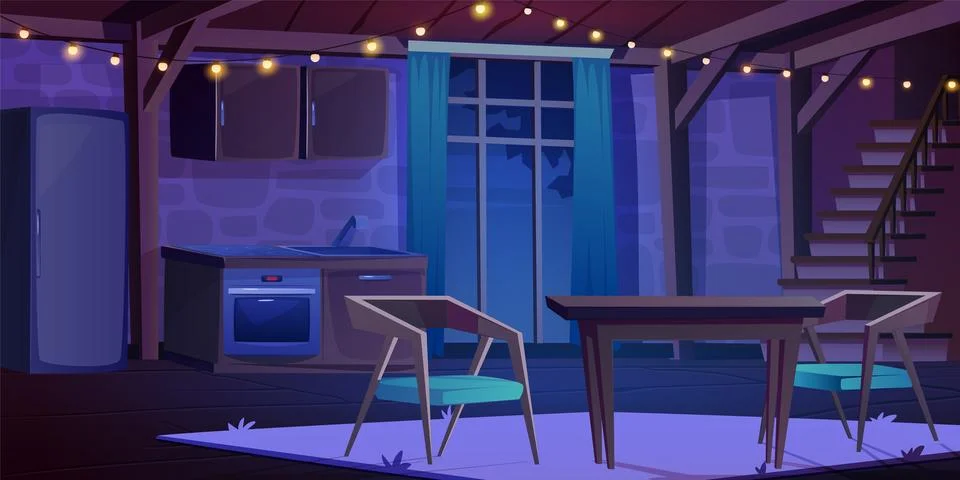 Night castle kitchen interior with dining table Stock Illustration