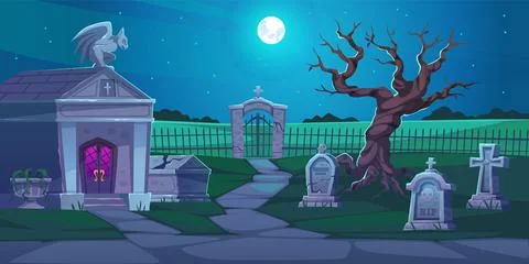 Night cemetery. Dark graveyard landscape, old stone tombstones and crosses, rip Stock Illustration