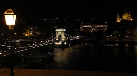 NIGHT CHAIN BRIDGE ST.ISHTVAN BASILICA DANUBE SHIP 4 HIGH ANGLE LS Stock Footage 39404484