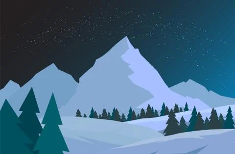Night Christmas forest with mountains. New year card. Starry sky Stock Illustration