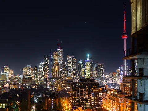 Night city bright lights skyline and architecture downtown Toronto Stock Footage 78675475