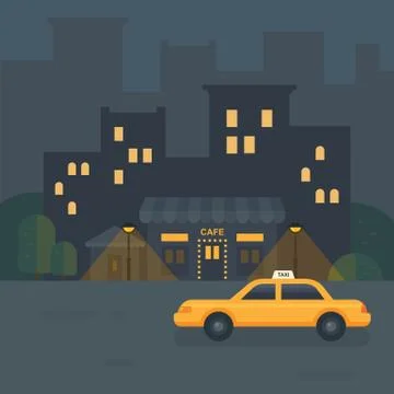 Night city cafe flat illustration. Taxi car near a restaurant Illustrazione stock