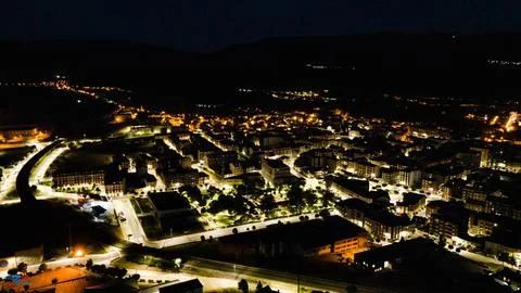 Night city from drone view. Stock Photos