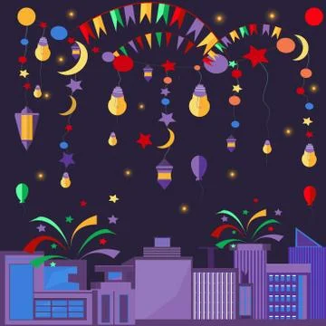 Night city festive elements balls, lamps, stars Stock Illustration