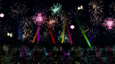 Night City With Firework In The Sky Stock Footage 234272718