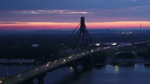 Night city Kiev. Ukraine. Bridge over the Dnieper river. Aerial Stock Footage 166409732