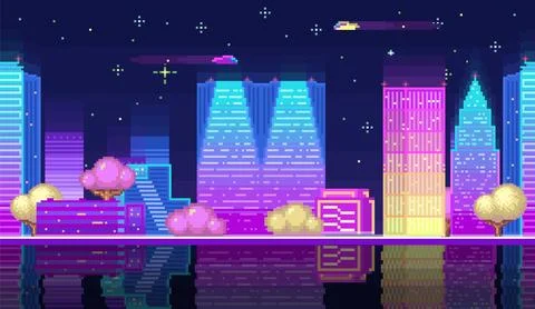 Night city landscape neon pixel background with hight buildings silhouette and Ilustración de archivo