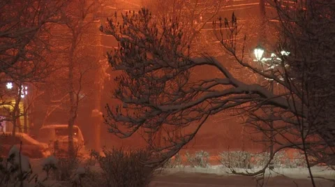 Night city landscape - snowfall in winter the northern city. Stock Footage 59061165