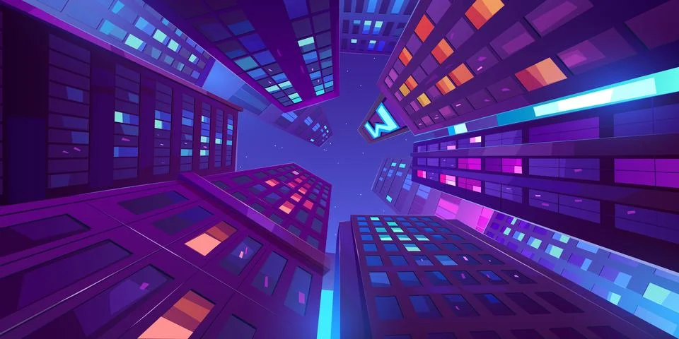 Night city low angle view at skyscrapers and sky Stock Illustration