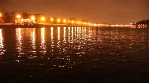 Night city road lights reflection on water of Neva river landscape Stock Footage 121117018