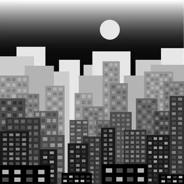 Night city scape vector black and white illustration Stock Illustration