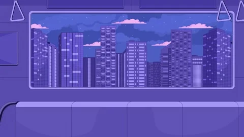 Night city skyline viewed from empty train interior animated background Vidéo 345708752