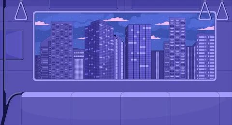 Night city skyline viewed from empty train interior lofi aesthetic background Stock-Illustration