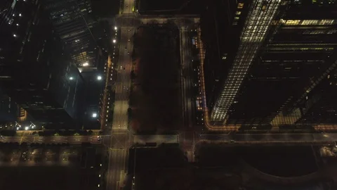 Night city, traffic, top view. Shot. Aerial view of busy street in city at night Stock Footage