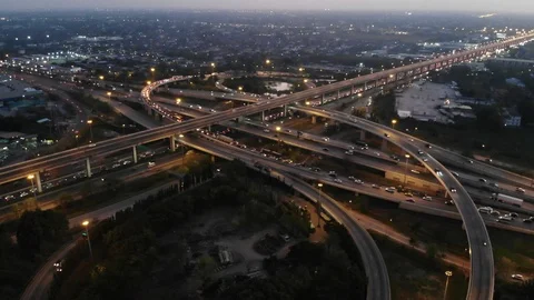Night city transport intersection road sunset sky aerial view Stock Footage 105444170