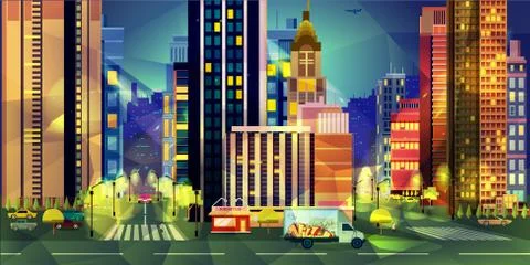 Night city, vector illustration low poly style Stock Illustration