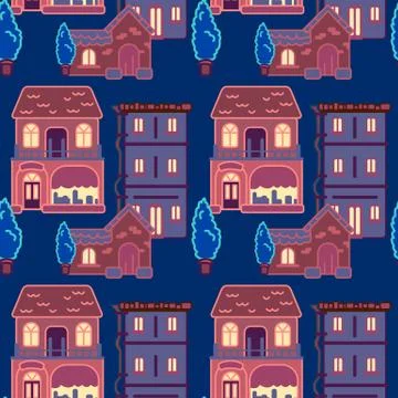 Night city view seamless pattern on navy blue backdrop stock vector illustrat Stock Illustration