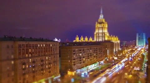Night city view, Tilt-shift effect. Moscow, time-lapse. Stock Footage 32846676