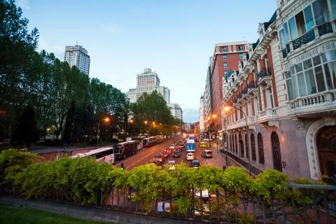 Night city view traffic with Edificio Espana on background in Madrid Stock Photos