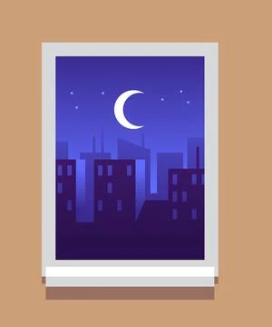 Night city in window frame. Dark sky with building silhouettes from inside flat Ilustración de archivo