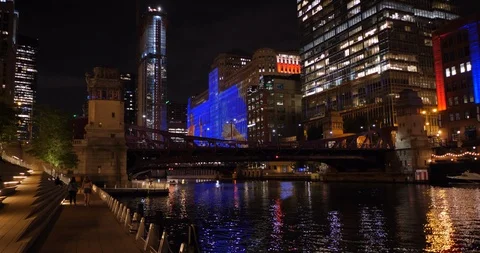 Night Cityscape of Chicago Riverwalk Stock Footage