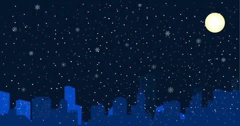 Night cityscape Christmas background with falling snow, and lights. The city Stock Illustration