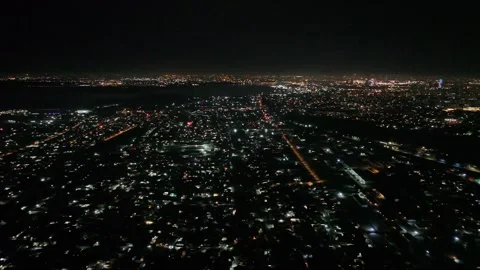 Night Cityscape Drone View with Bright Urban Lights, Aerial Cityscape Stock Footage 341968948