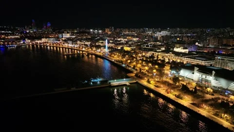 Night Cityscape Drone View of a Vibrant Coastal Metropolis Skyline Stock Footage 341890899