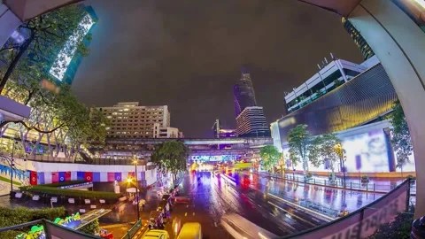 Night Cityscape with Elevated Transportation and Illuminated Buildings Stock Footage 310381425