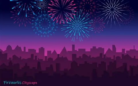 Night cityscape with fireworks. Vector evening landscape with skyscrapers Stock Illustration