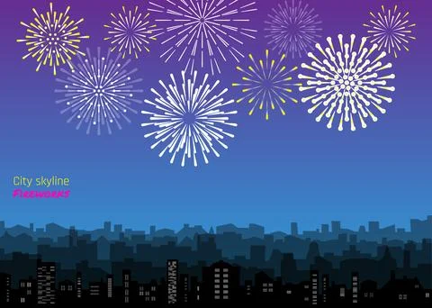 Night cityscape with fireworks. Vector evening landscape with skyscrapers and Illustrazione stock