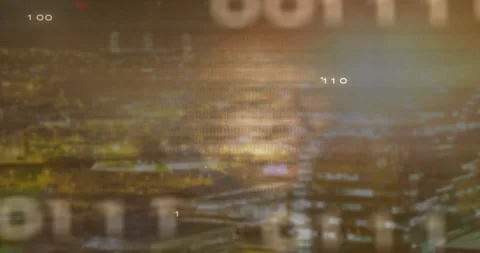 As night cityscape glowing circuits and bits merging translucent face Stock Footage 314745155
