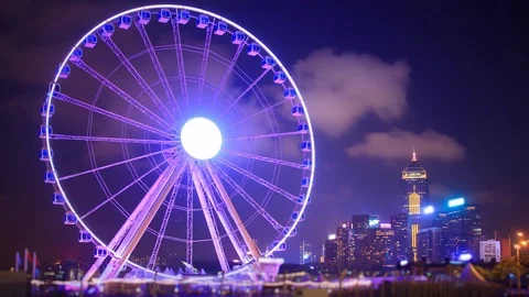 Night Cityscape Observation Ferris Wheel Of Hong Kong 4K Time Lapse Stock Footage 80233664
