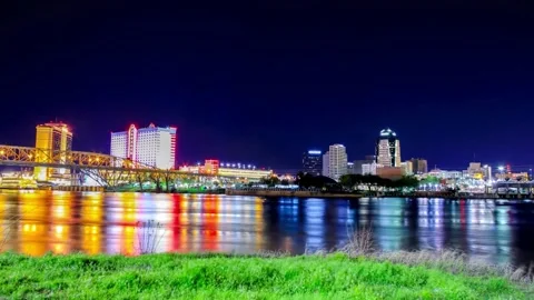 Night Cityscape Reflection on River, Illuminated Buildings, Urban Landscape Stock Footage 310706211