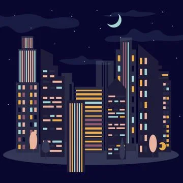 Night cityscape. Skyline with moon Stock Illustration