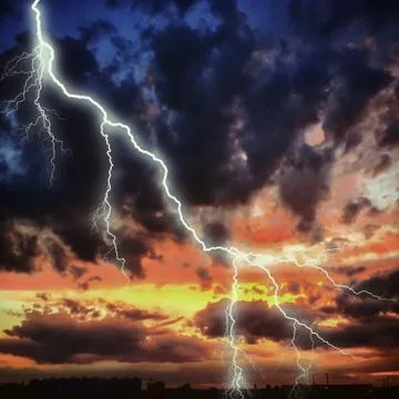 Night cityscape with strong lightning Stock Illustration