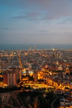 Night cityscape view from Bunkers del Carmel (Colina de la Rovira), in Barcel Stock Photos