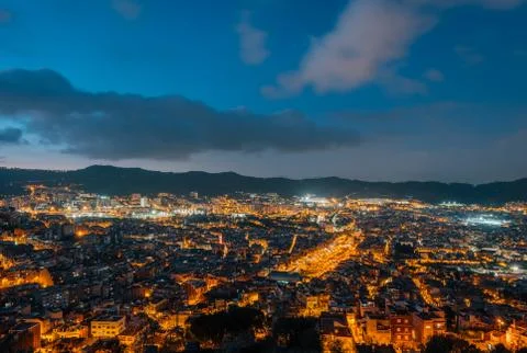 Night cityscape view from Bunkers del Carmel (Colina de la Rovira), in Barcel Stock Photos